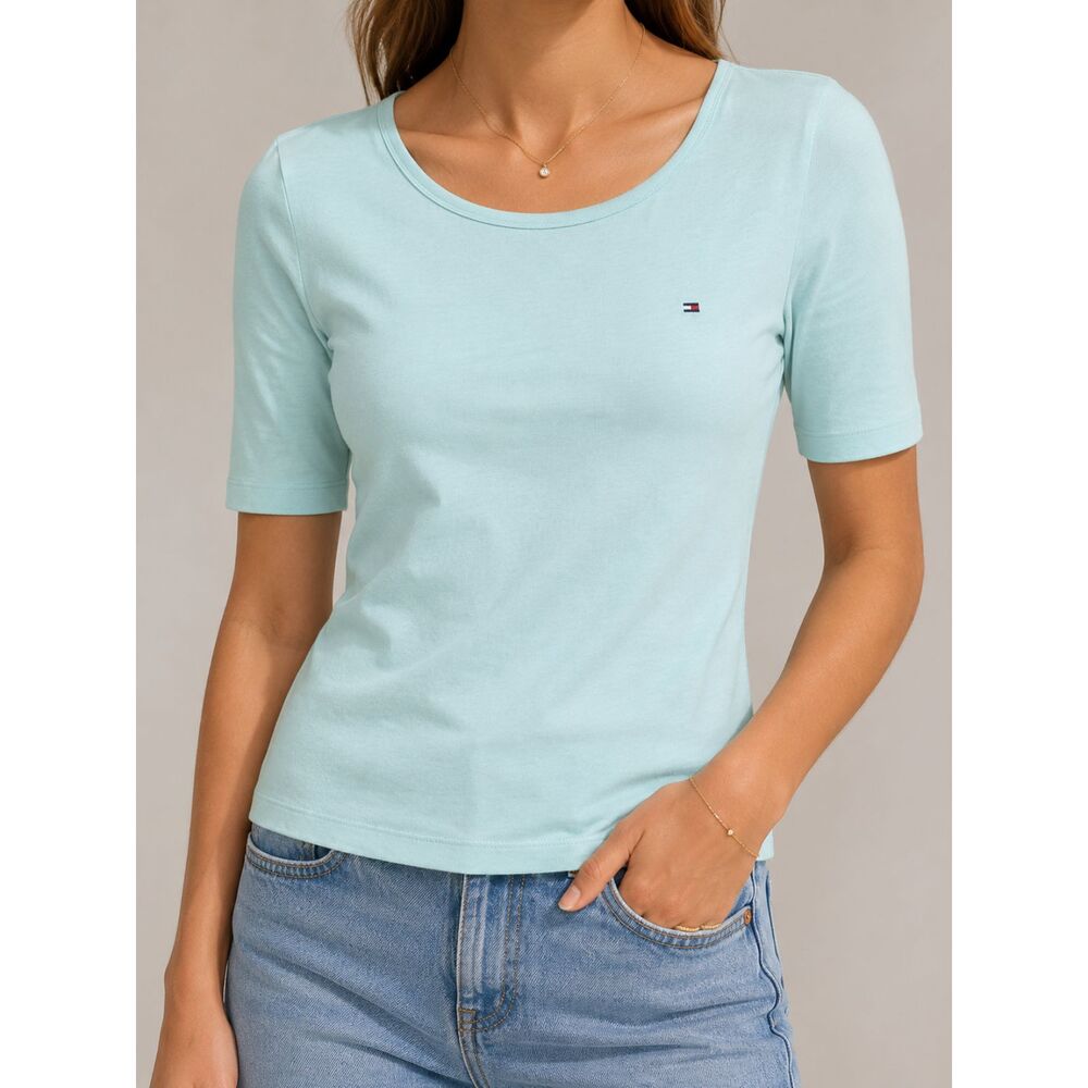 Tommy Hilfiger Mint Green Boat Neck Stretch Tee Top Small Y2K Preppy Clean Girl